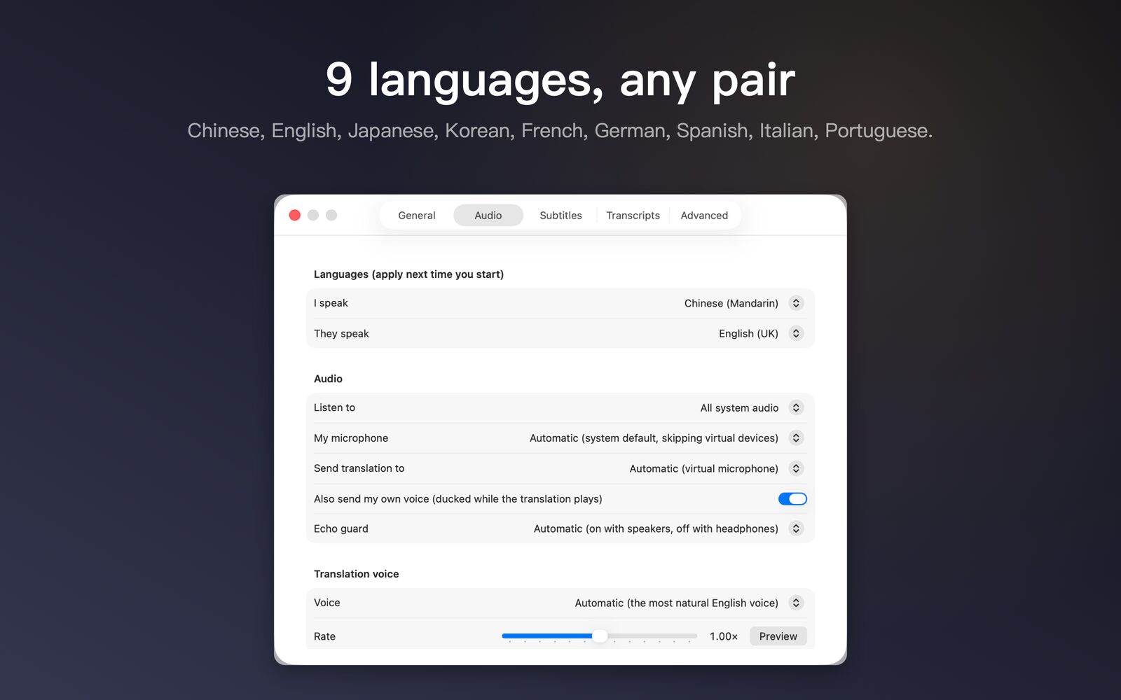 9 languages, any pair
